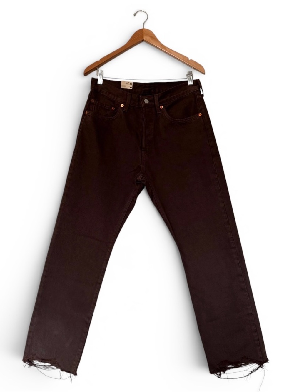 Levi’s Dark Brown Button Fly Raw Hem Straight Leg Jeans